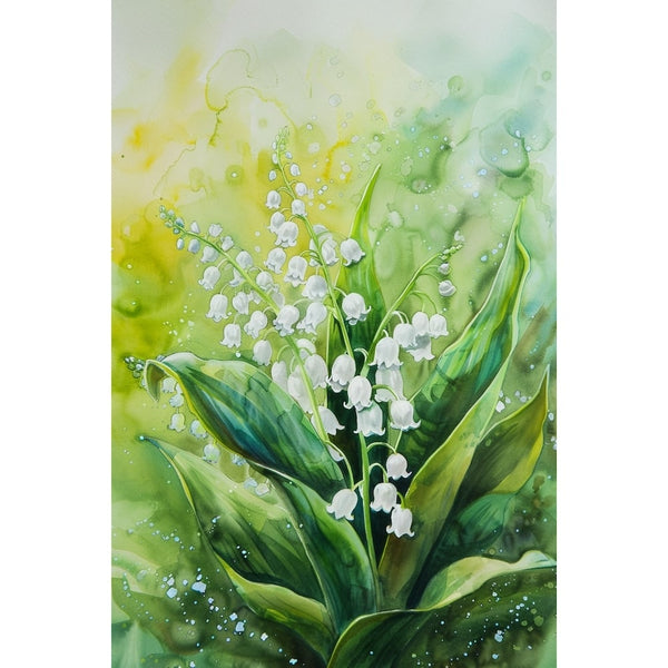 Tableau aquarelle de muguet en fleurs, clochettes nacrées, feuillage vert profond et éclaboussures lumineuses