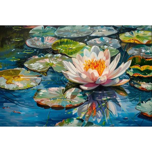 Peinture acrylique d’une fleur de nénuphar rose pâle et de larges feuilles flottantes sur un étang bleu