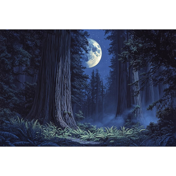 Peinture Forêt de Séquoias au Clair de Lune, art mural décoration nature