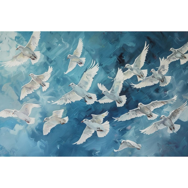 Peinture d'Oiseaux Blancs en Vol dans un Ciel Bleu, art mural décoration nature