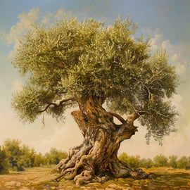 Peinture d'un vieil olivier méditerranéen chargé d'olives, écorce sculptée et sol ocre caillouteux au soleil