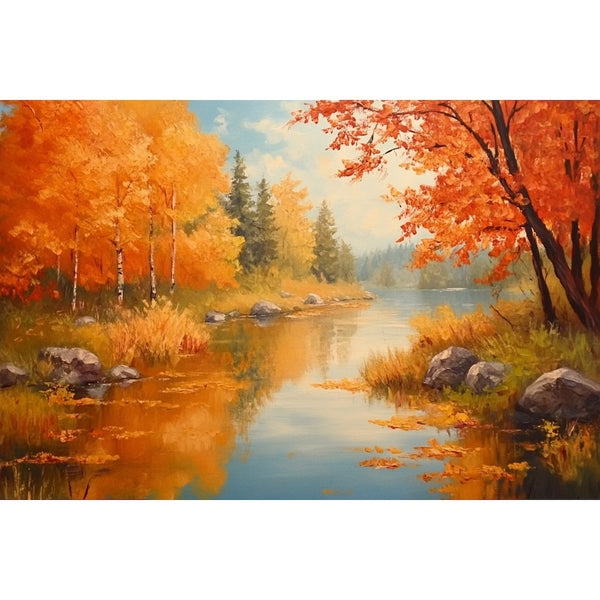 Peinture Rivière Sinueuse d'Automne, art mural décoration nature