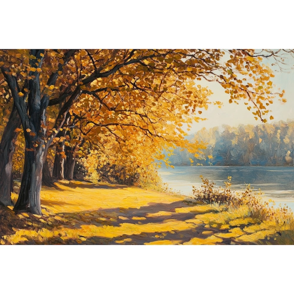 Peinture Acrylique Rive Dorée d'Automne, art mural décoration nature