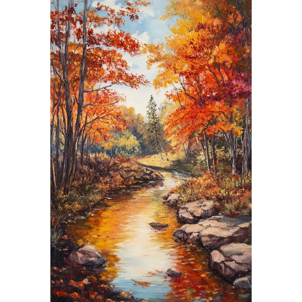 Peinture Ruisseau en Forêt Dorée, art mural décoration nature