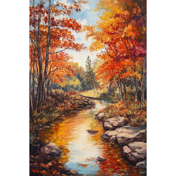 Peinture Ruisseau en Forêt Dorée, art mural décoration nature