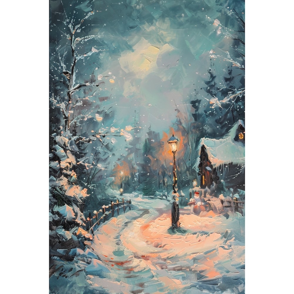Peinture Paysage Noël sous la Neige, art mural décoration nature
