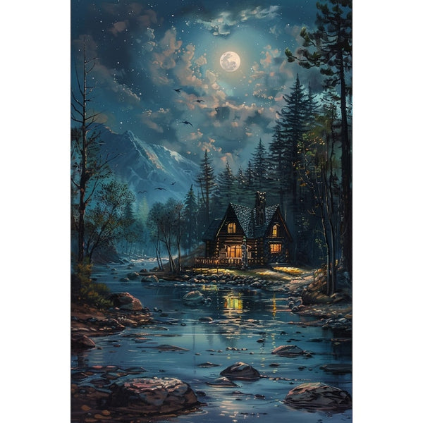 Peinture Chalet Illuminé la Nuit, art mural décoration nature