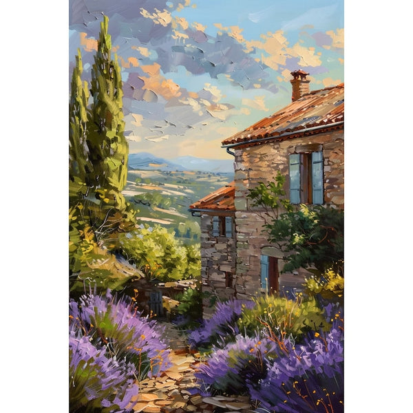 Peinture au couteau d'un sentier de pierres entre les lavandes, mas ocré, cyprès et collines au loin