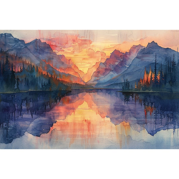 Peinture Aquarelle Paysage de Lac au Coucher de Soleil, art mural décoration nature