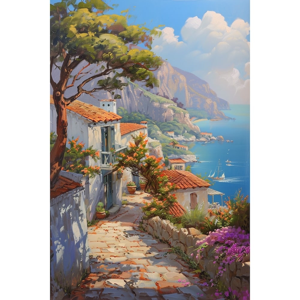 Peinture de Paysage d'Été au Village Côtier, art mural décoration nature