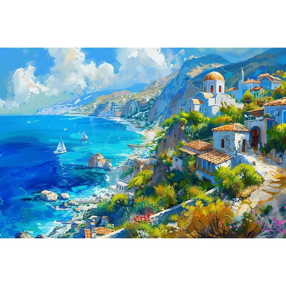 Peinture de Paysage de Grèce, Village au Bord de Mer, art mural décoration nature