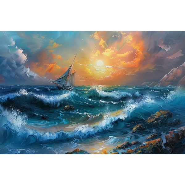 Peinture Paysage Marin, Voilier au Coucher de Soleil, art mural décoration nature