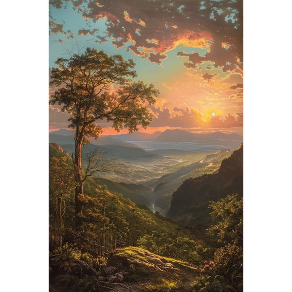 Peinture de Paysage au Coucher de Soleil sur la Vallée, art mural décoration nature