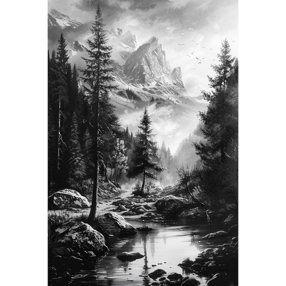 Peinture Paysage Noir et Blanc, art mural décoration nature