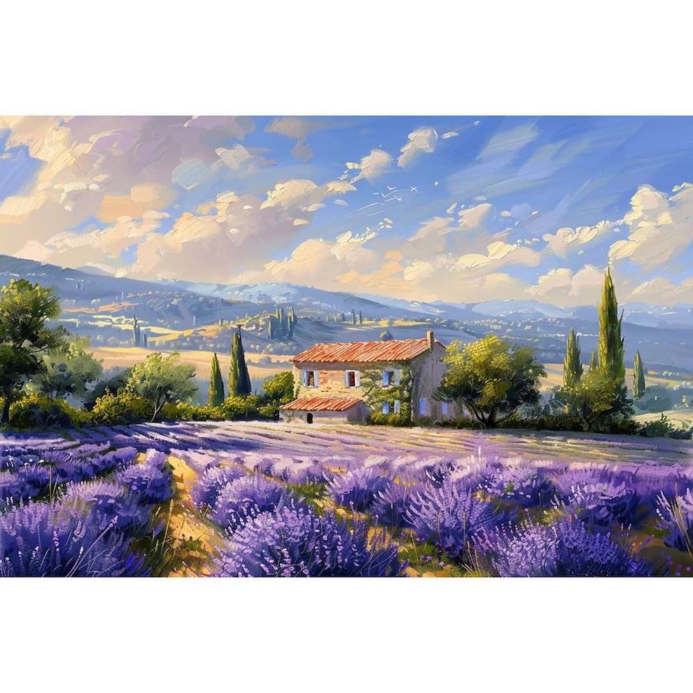 Peinture d'un paysage de Provence, lavandes mauves, mas aux tuiles rouges et collines bleutées au loin
