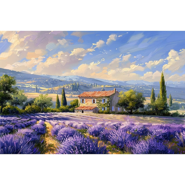 Peinture d'un paysage de Provence, lavandes mauves, mas aux tuiles rouges et collines bleutées au loin