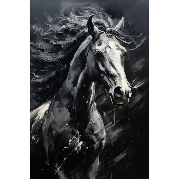 Peinture Cheval Noir et Blanc, art mural décoration nature