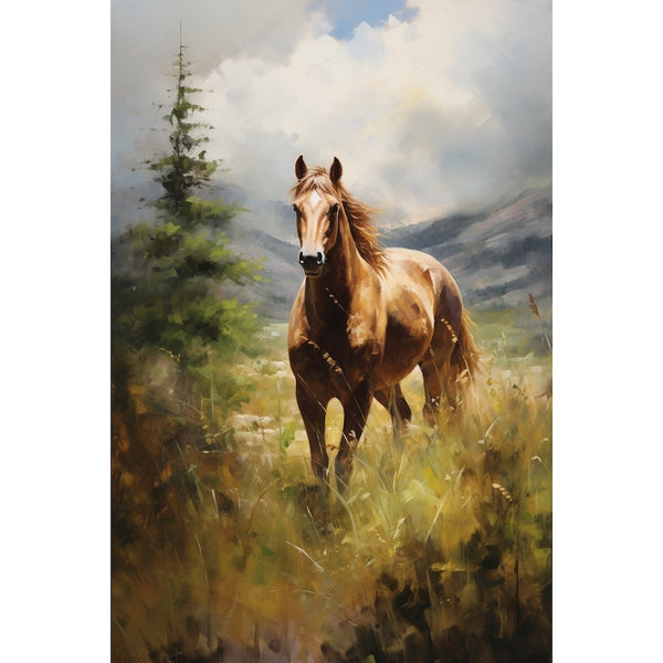 Peinture Cheval en Prairie de Montagne, art mural décoration nature