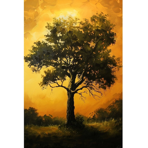 Peinture Arbre au Coucher de Soleil Doré, art mural décoration nature