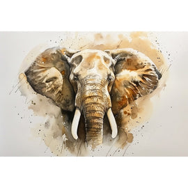 Peinture d'un portrait d'éléphant à l'aquarelle, trompe ridée, éclaboussures brunes sur fond blanc cassé