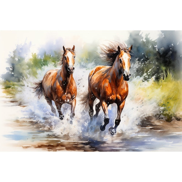 Chevaux dans l'Eau à l'Aquarelle, art mural décoration nature