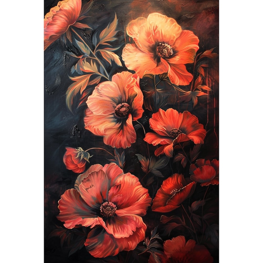 Tableau Peinture de Coquelicots sur Fond Sombre, art mural décoration nature