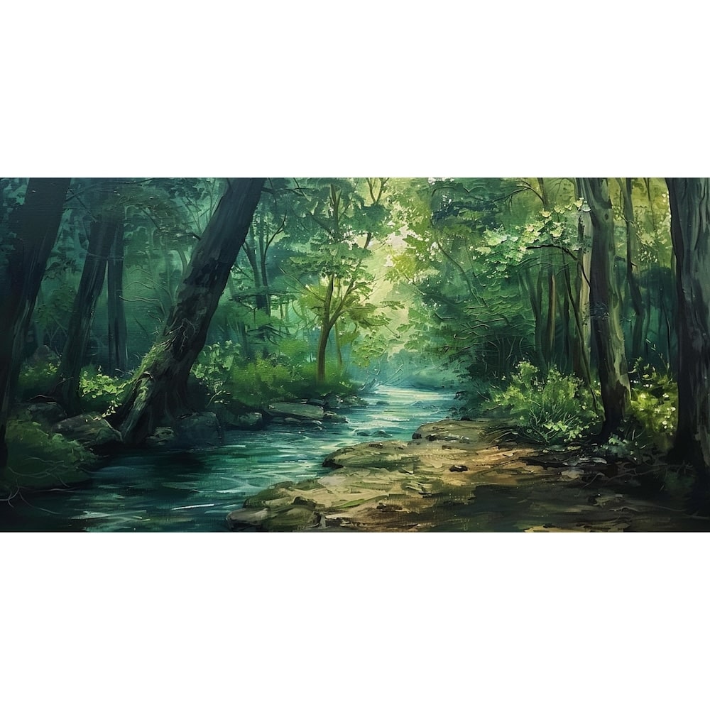 Tableau Peinture Paysage de Ruisseau en Forêt, art mural décoration nature