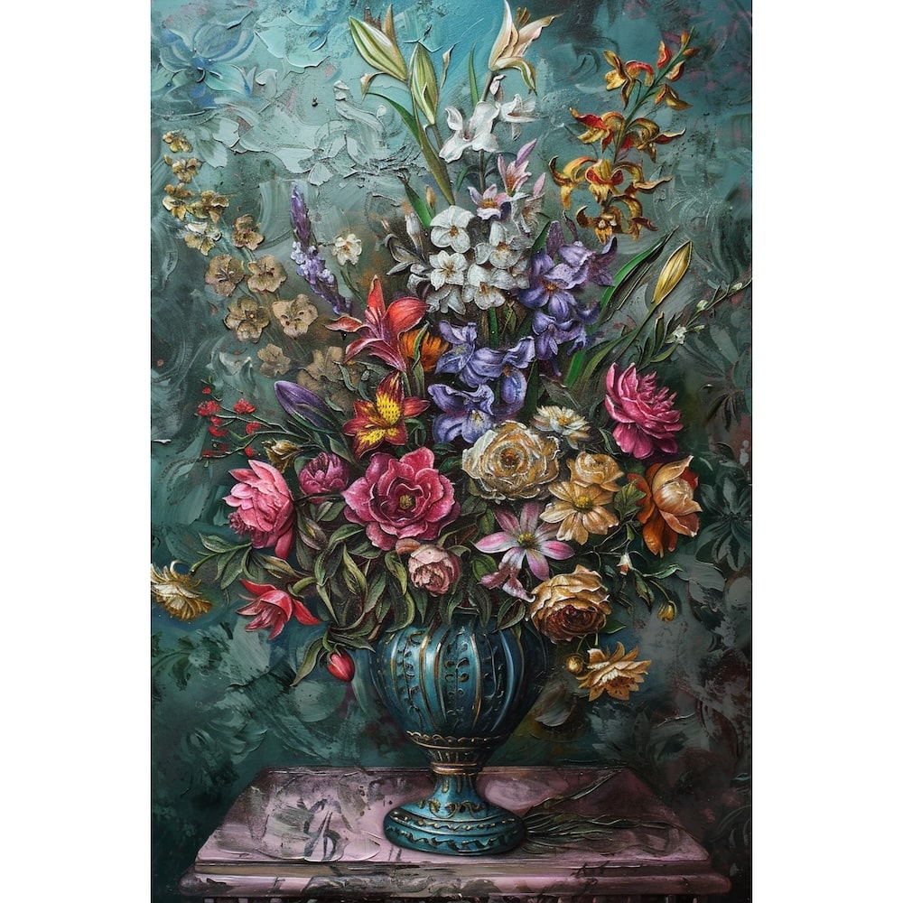 Peinture Fleurs dans un Vase Roses Grimpantes sur Fond Vert, art mural décoration nature
