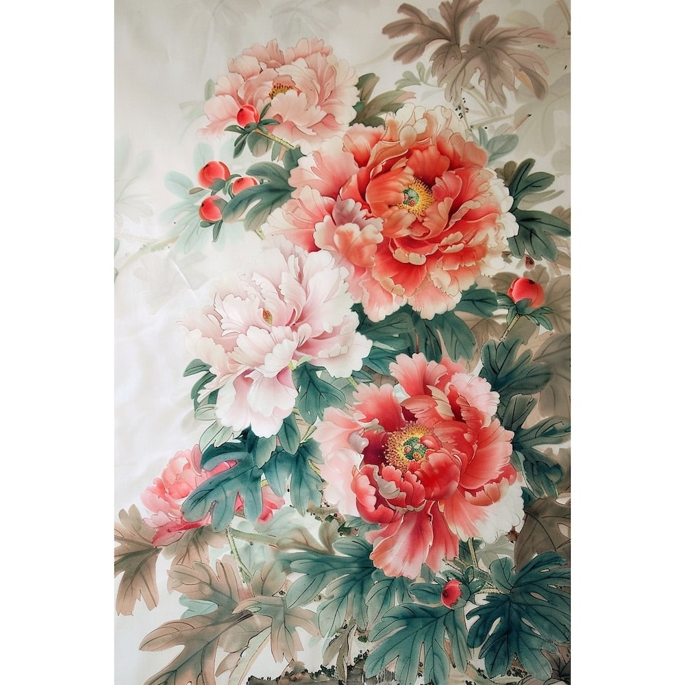 Peinture Chinoise Pivoine, art mural décoration nature