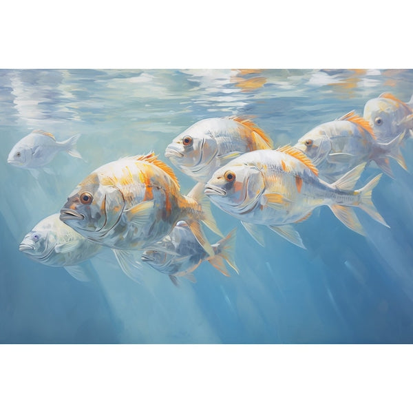 Peinture Banc de Poissons Argentés, art mural décoration nature