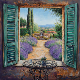 Peinture Provence Fenêtre sur Lavandes, art mural décoration nature