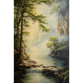 Peinture de Rivière en Sous-Bois avec Cascade, art mural décoration nature