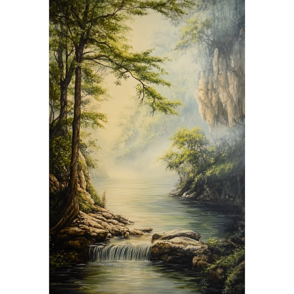 Peinture de Rivière en Sous-Bois avec Cascade, art mural décoration nature