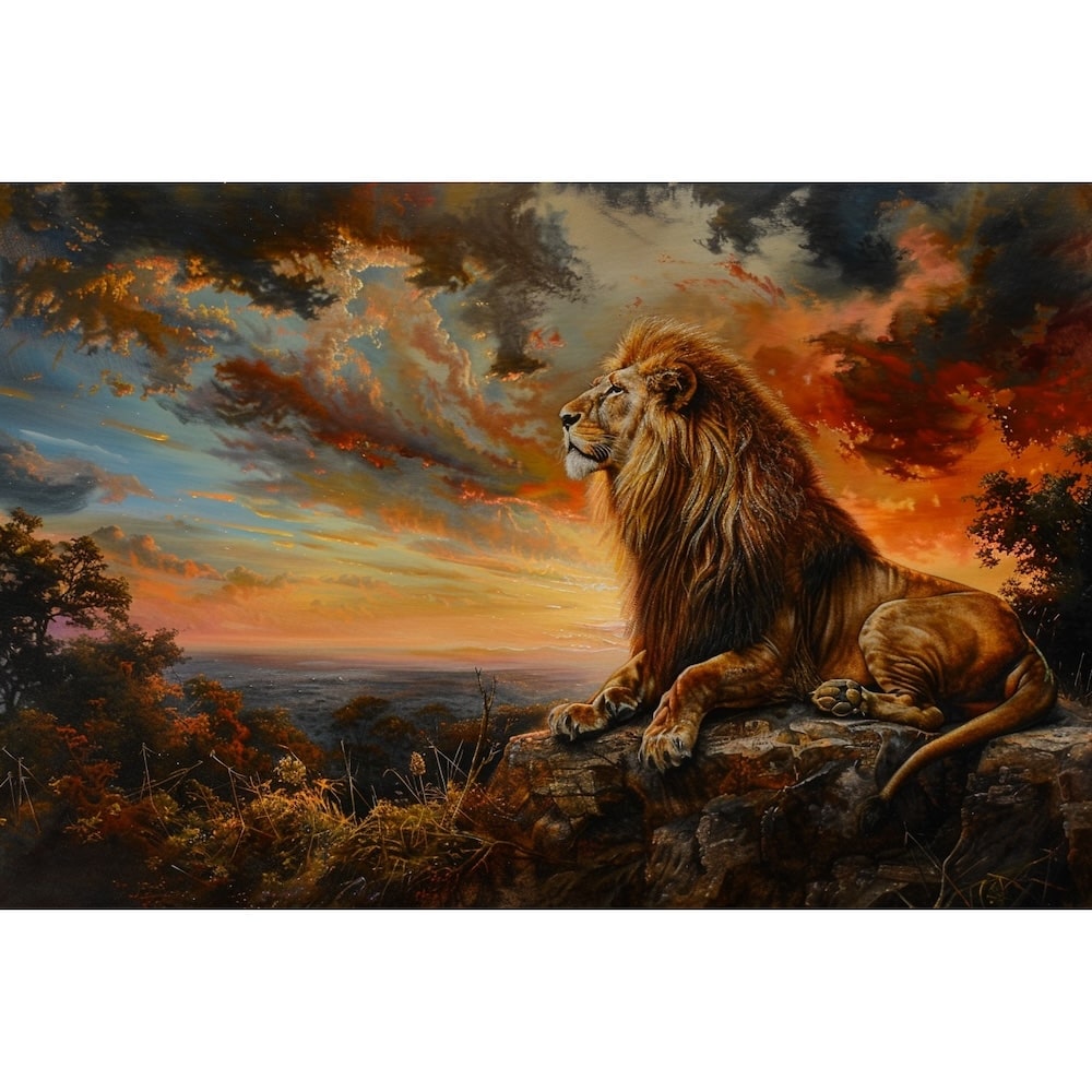 Peinture Lion sur son Rocher, art mural décoration nature