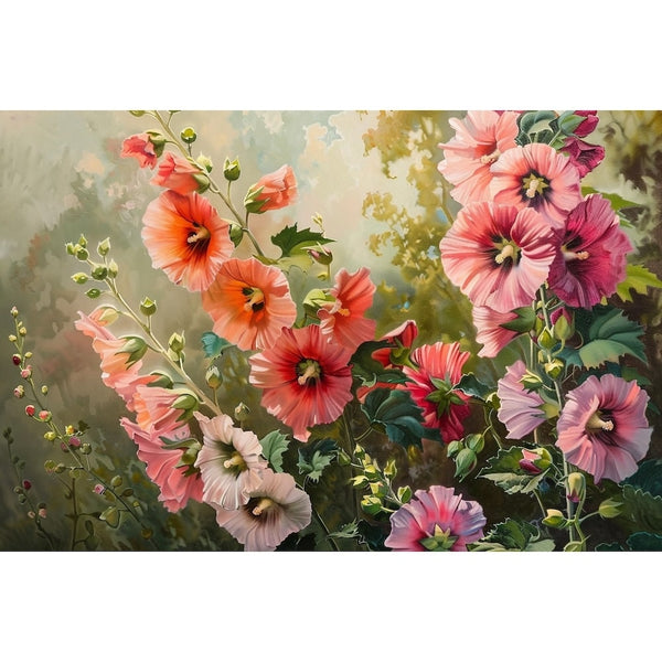 Peinture Roses Trémières, art mural décoration nature