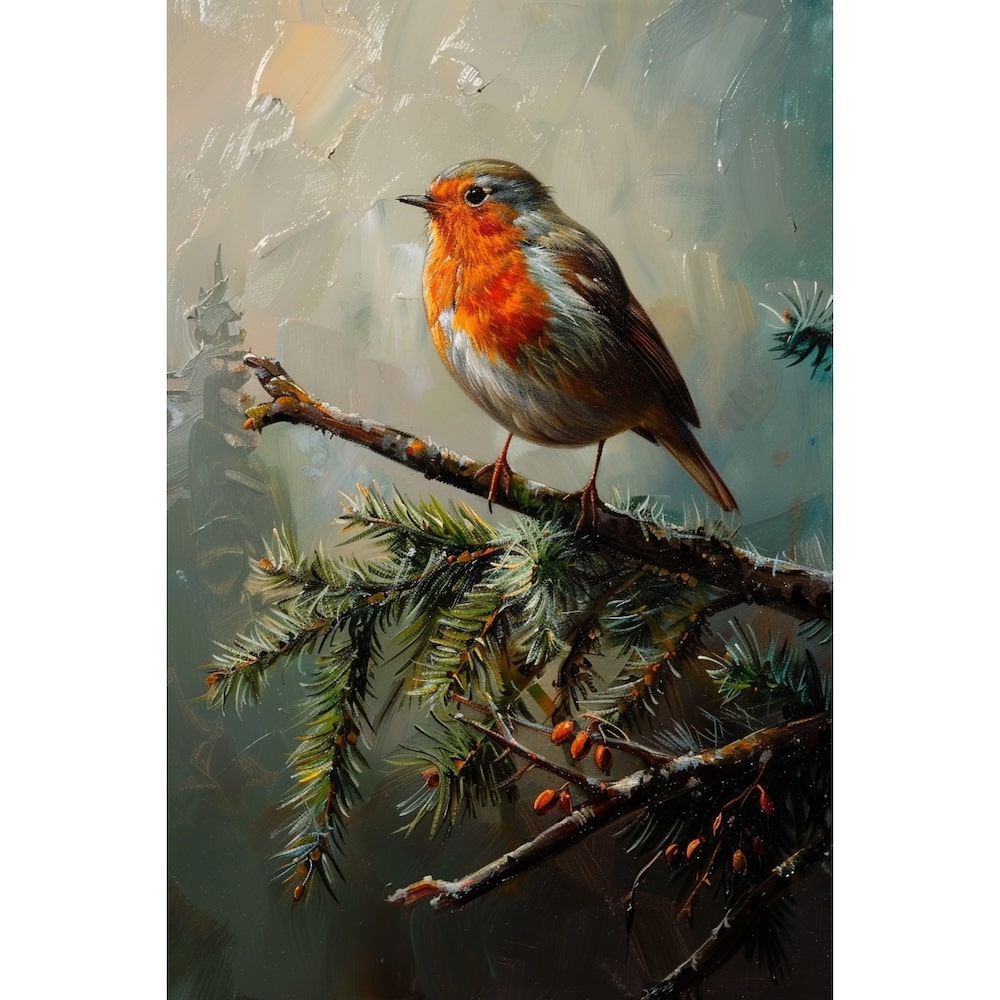 Peinture Rouge-Gorge, art mural décoration nature, vue 2