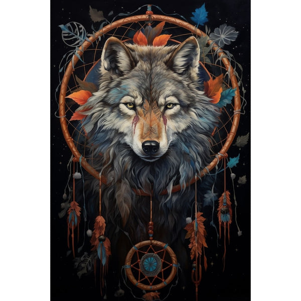 Tableau Loup et Attrape Rêve, art mural décoration nature