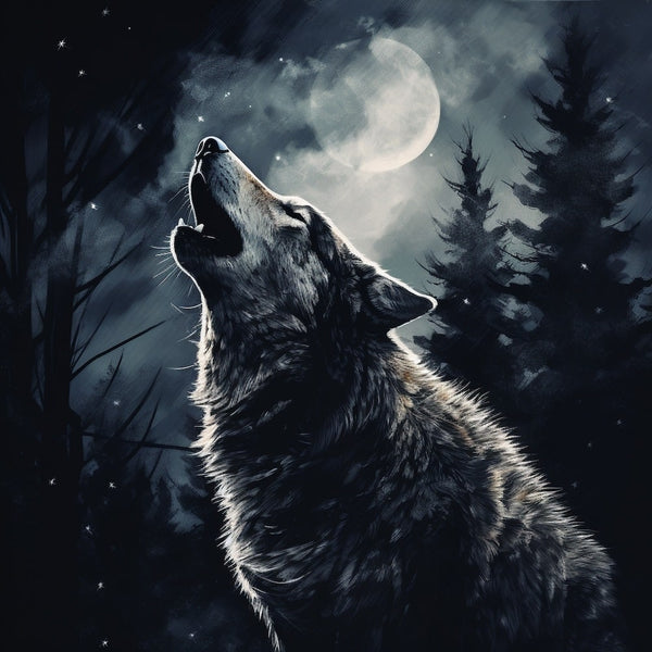 Tableau Loup Lune, art mural décoration nature