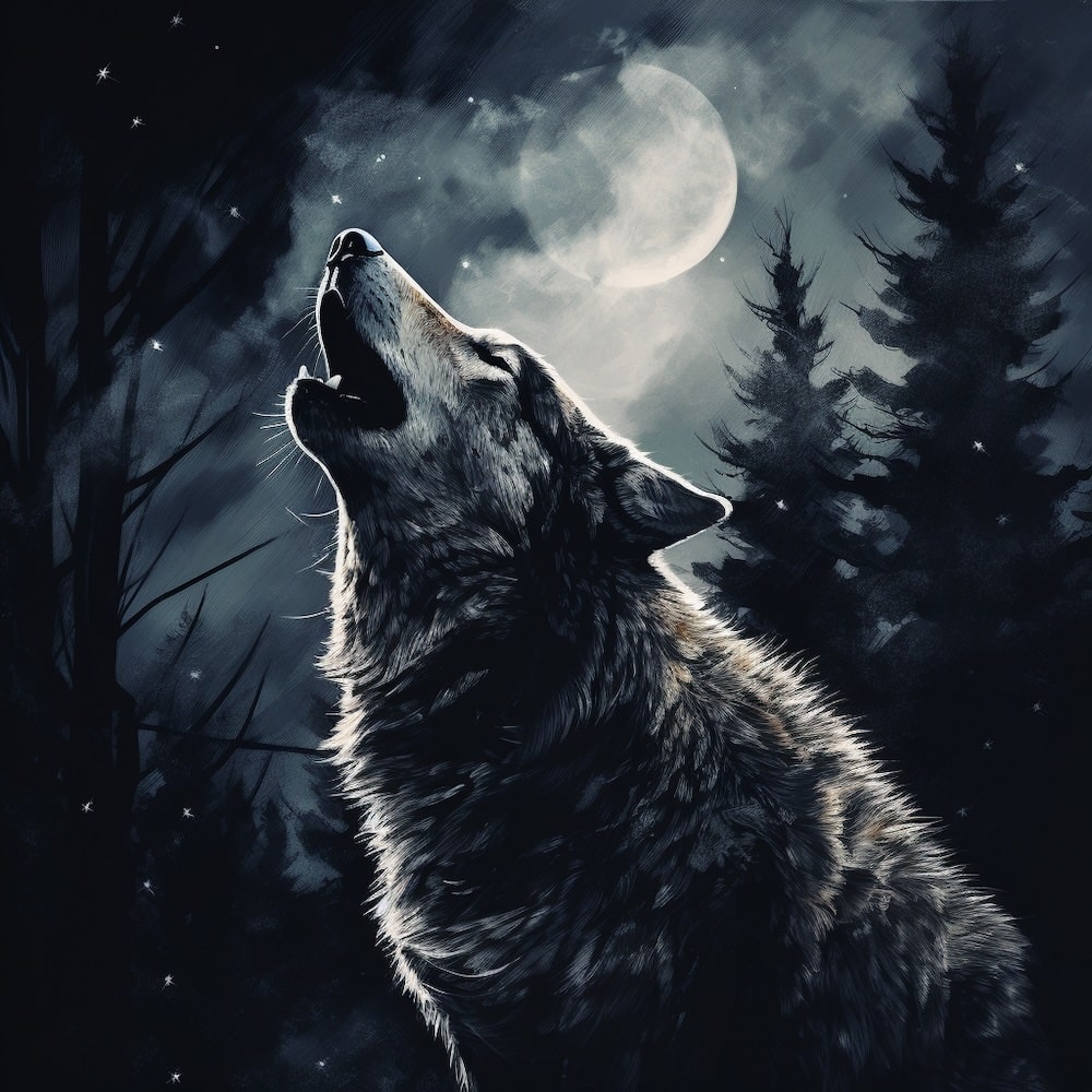tableau loup hurlant a la lune