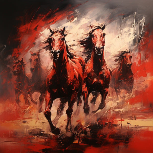 Tableau Rouge avec Chevaux, art mural décoration nature