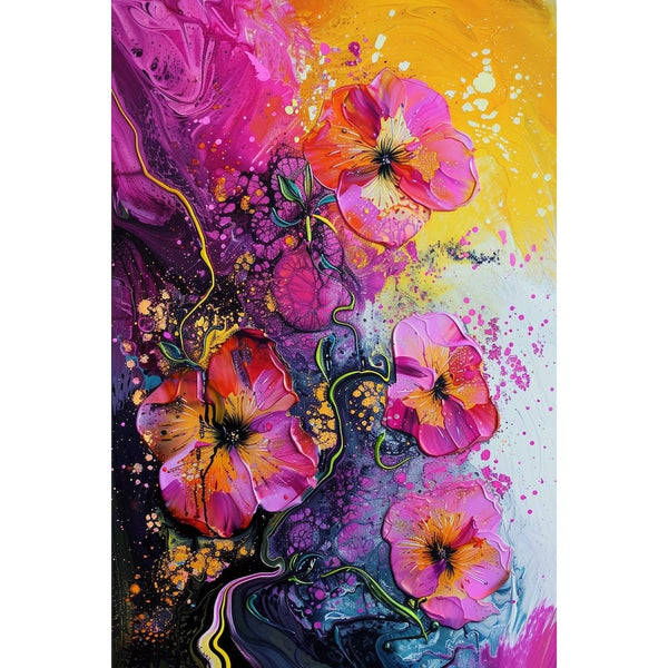 Peinture florale contemporaine, corolles fuchsia et pétales nacrés, éclaboussures dorées et volutes bleutées