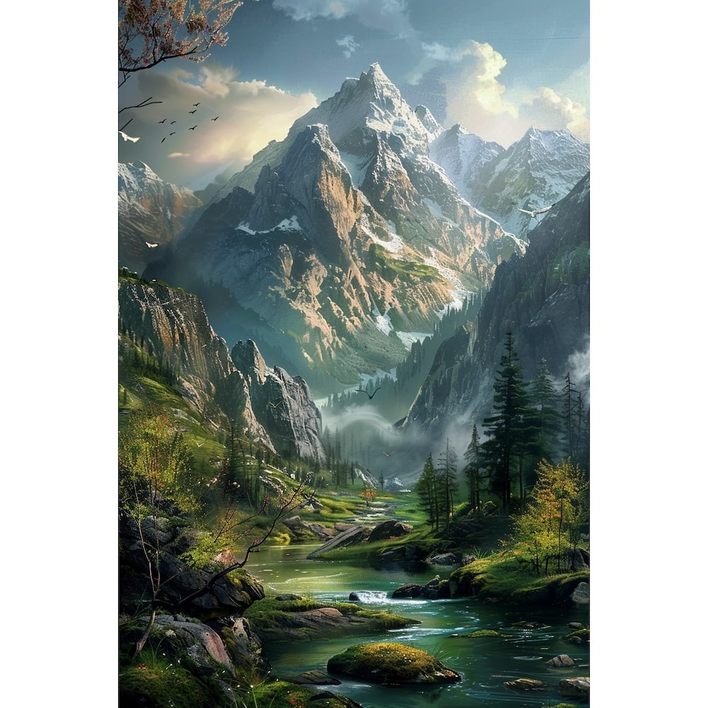 Tableau Peinture Paysage de Montagne et Rivière, art mural décoration nature