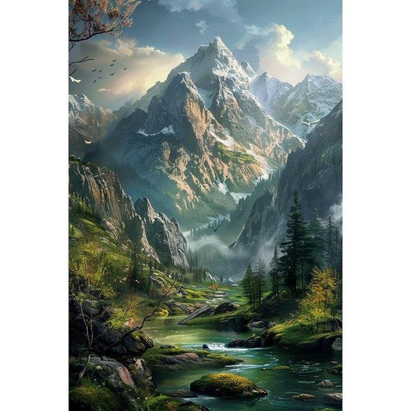 Tableau Peinture Paysage de Montagne et Rivière, art mural décoration nature