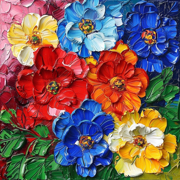 Peinture florale au couteau en fort relief, bouquet multicolore aux cœurs dorés et feuilles vertes