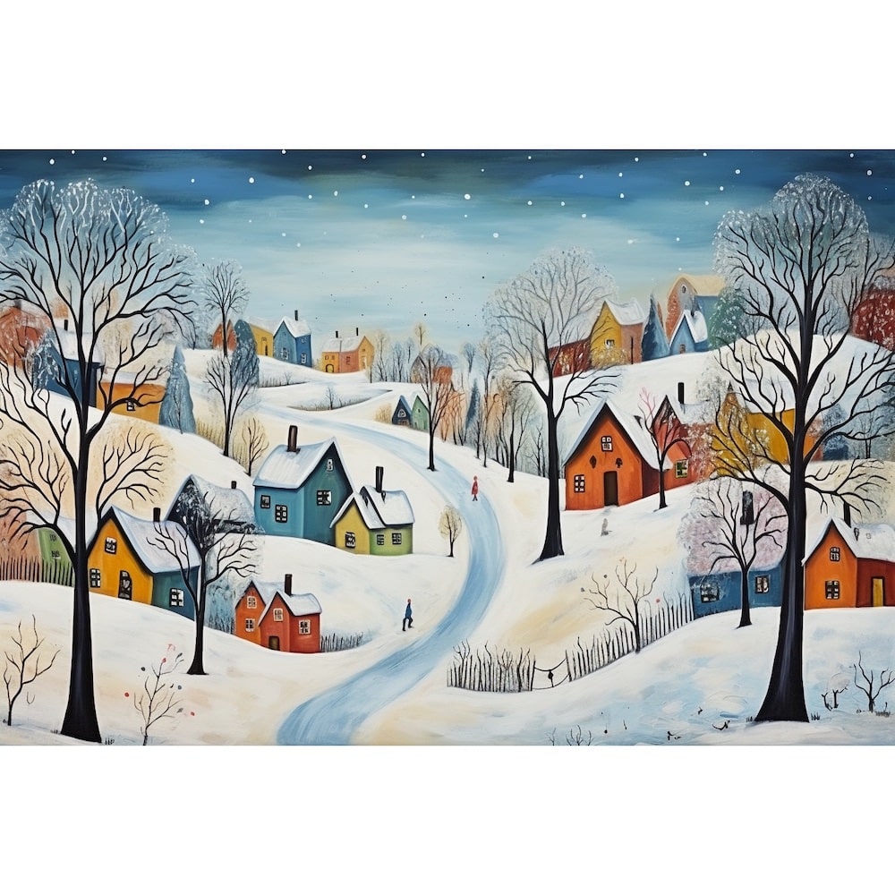 Tableau Naif Hiver, art mural décoration nature