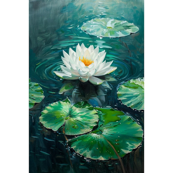 Peinture de feuilles de nénuphar vertes flottant sur une eau sombre, fleur blanche épanouie et reflets bleutés