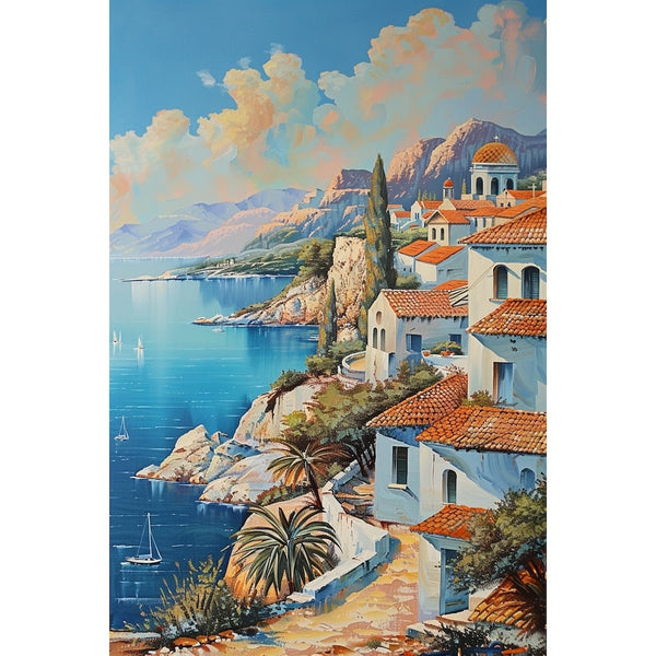 Peinture d'une côte méditerranéenne aux maisons blanches, coupole dorée et palmiers face à une mer bleue