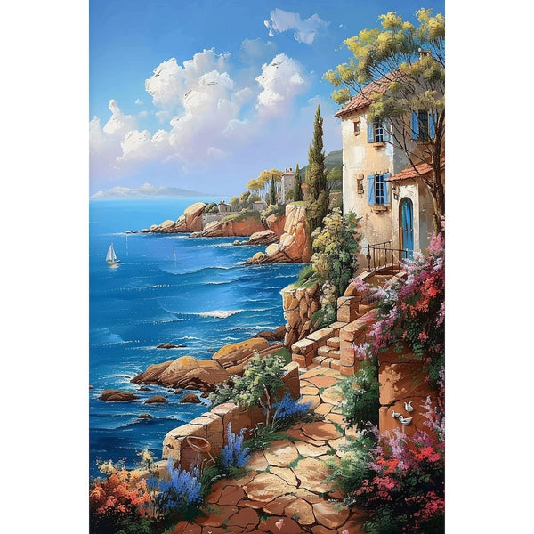 Peinture verticale d'un village méditerranéen, falaises ocre, massifs roses et violets, cyprès et ciel nuageux