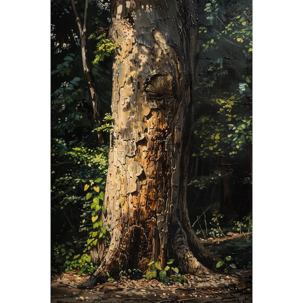 Peinture au couteau d'un vieux tronc aux plaques beige et ocre, lierre grimpant et sous-bois sombre