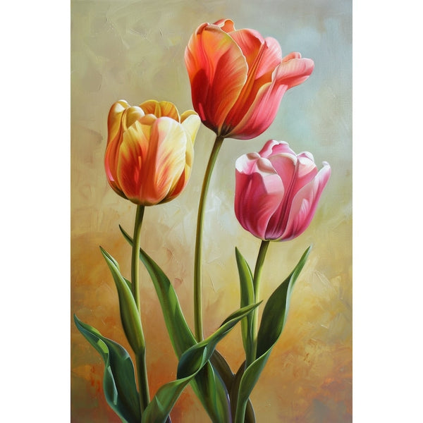 Peinture florale verticale, trio de tulipes épanouies aux tons chauds et tiges vertes élancées